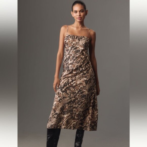 By Anthropologie Midi Slip Dress Womens Size Large Snake Print Satin Side Slits - Picture 16 of 16